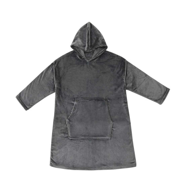 alt="Super soft grey hooded blanket with a cosy design, featuring a hood and large front pocket in the same plush material."