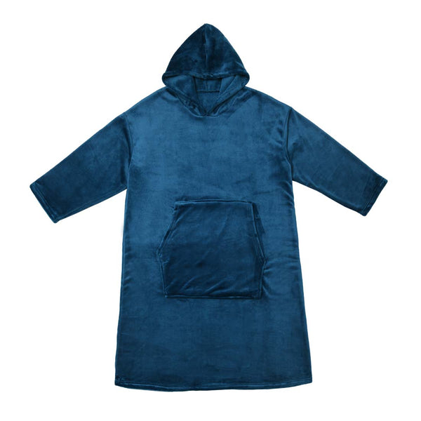 alt="Super soft ink blue hooded blanket with a cosy design, featuring a hood and large front pocket in the same plush material."