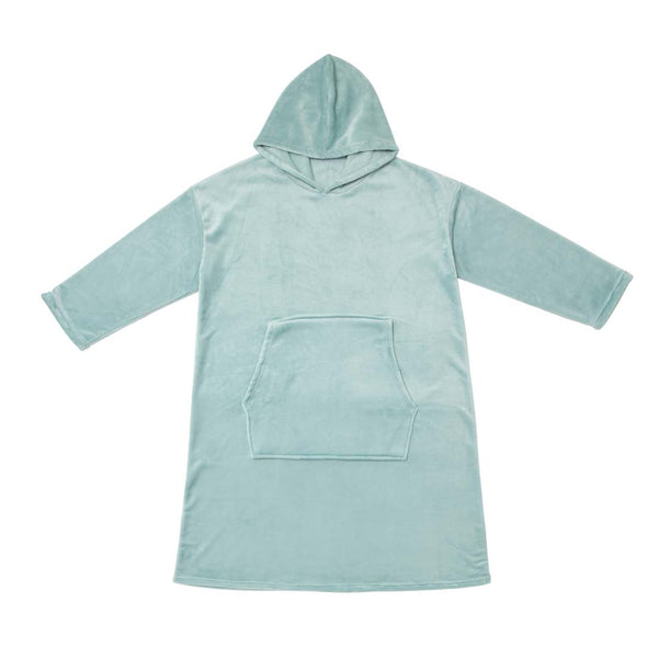 alt="Super soft mist hooded blanket with a cosy design, featuring a hood and large front pocket in the same plush material."