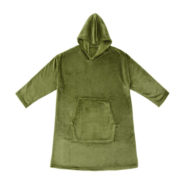 alt="Super soft moss hooded blanket with a cosy design, featuring a hood and large front pocket in the same plush material."