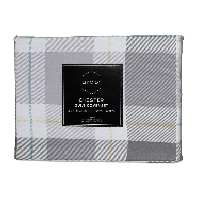 Packaging details of a quilt cover designed with soft greys combined with subtle pops of colour are the perfect way to add a touch of vibrance to your space.