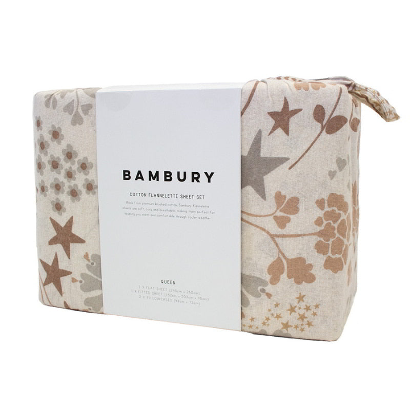 Front packaging details of a soft flannelette sheet set featuring a decorative floral pattern in beautiful soft muted tones.