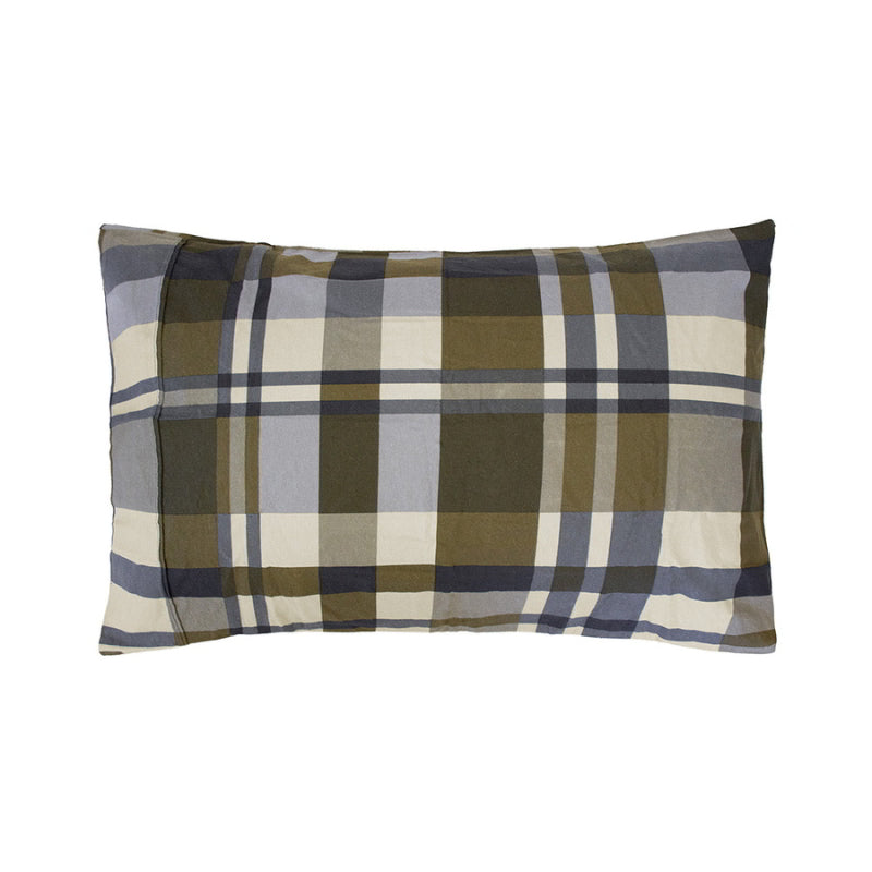 A classic check pattern in black, grey, beige, and olive green pillowcase made from 100% cotton