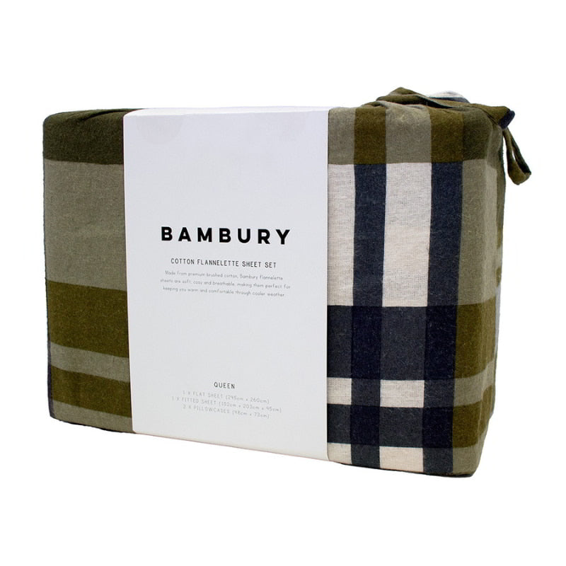 Front packaging details of a soft brushed flannelette sheet set made from 100% cotton featuring a classic check pattern in black, grey, beige, and olive green.