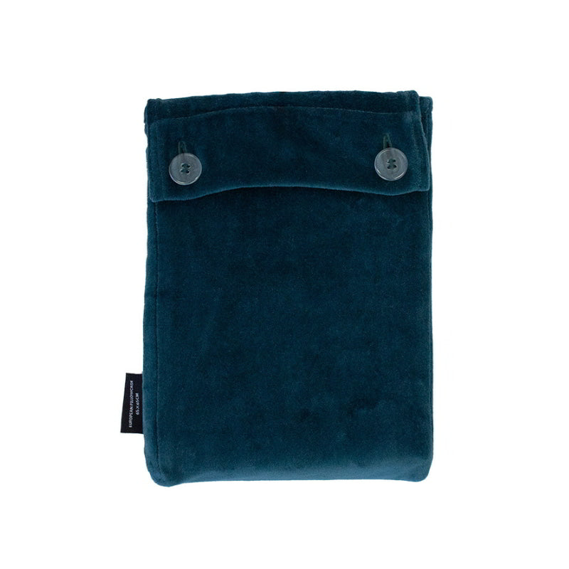 Back packaging details of a luxurious cotton velvet in deep teal.