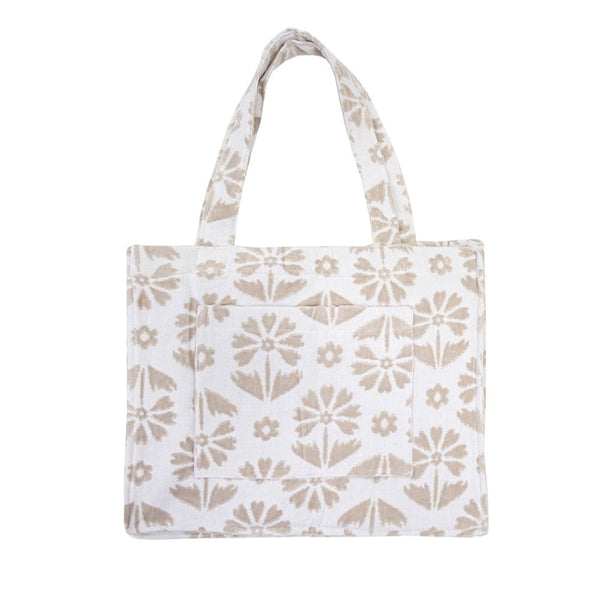 alt="Natural beach bag designed with floral pattern"