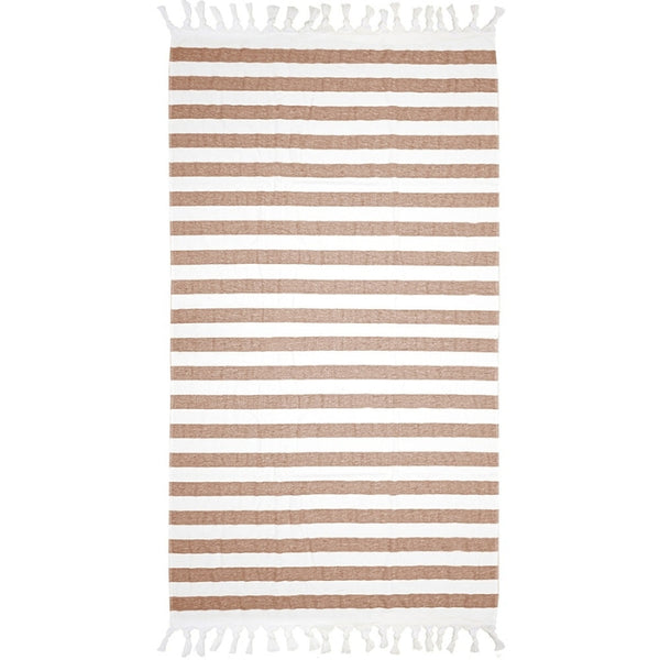 alt="A classic two-tone white and brown stripe pattern with a playful knotted tassels along both ends"