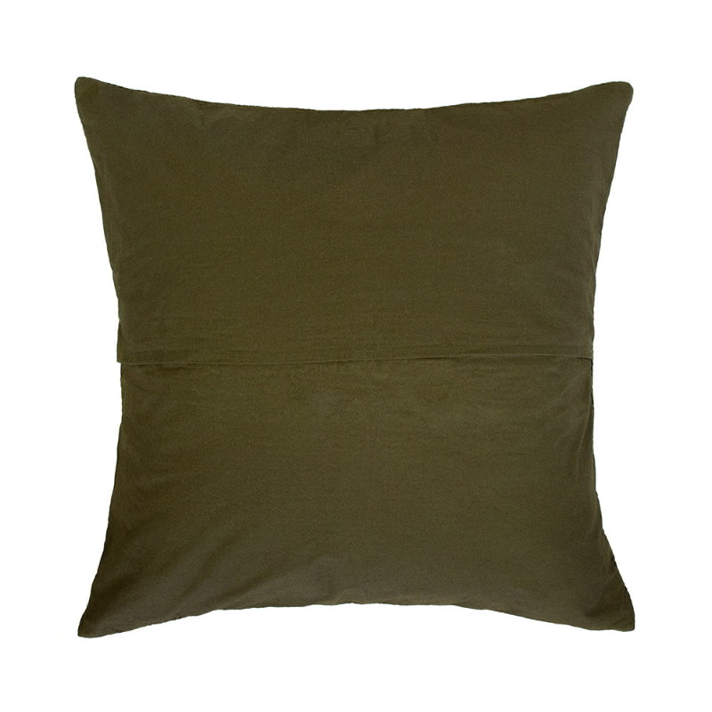 Back details of a soft cotton waffle fabric european pillowcase in olive green with quilted square pattern, adding texture and warmth to your space.