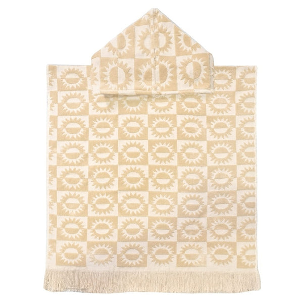 alt="Kids yellow poncho featuring a stylish sun pattern with knotted tassels along the ends"