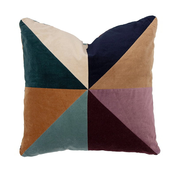 Luxurious multicoloured cushion with patchwork design made from rich cotton velvet.