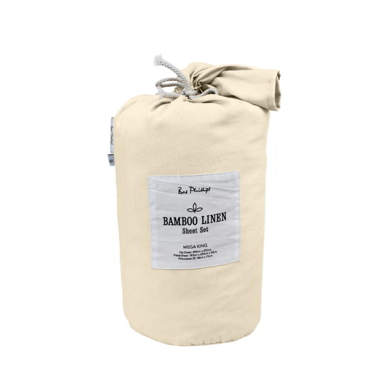 alt="Back packaging of a bamboo linen blend natural sheet set"
