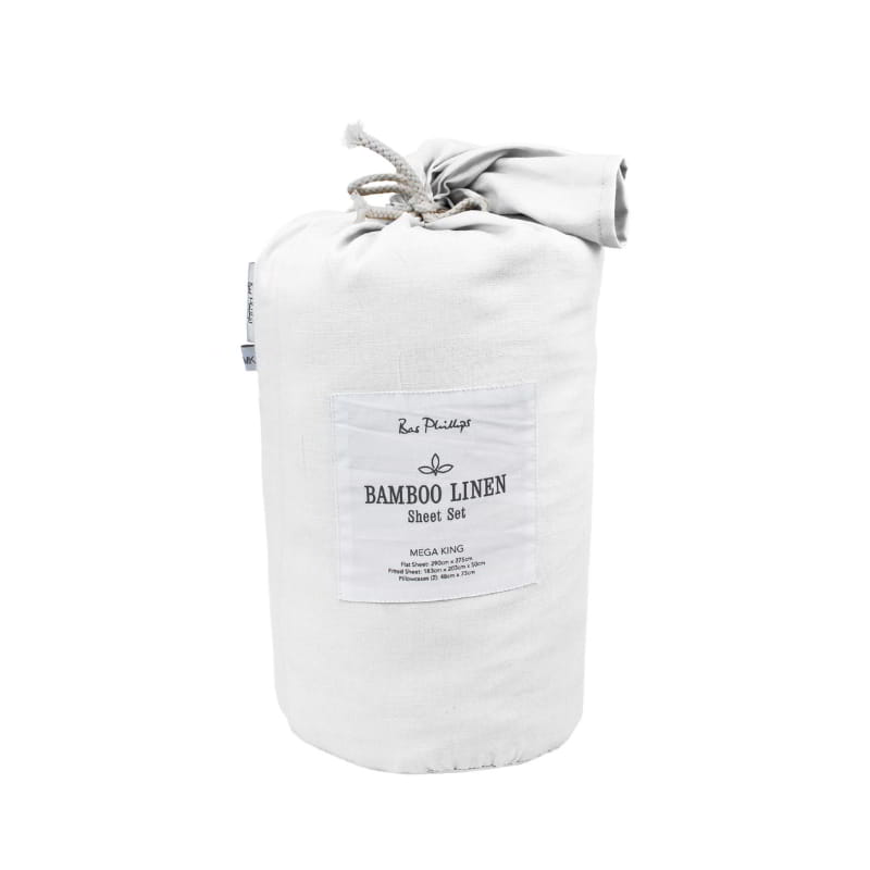 alt="Front packaging of a bamboo linen blend white sheet set"