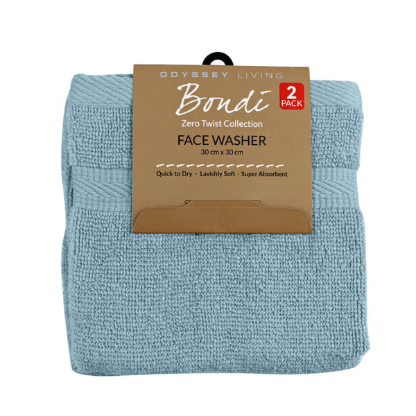 alt="Folded with tag front details of 2 Pack spa blue Face Washer featuring its wonderfully soft velvety texture, softness, and high quality cotton."