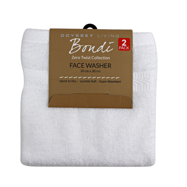 alt="Folded with tag front details of 2 pack white Face Washer featuring its wonderfully soft velvety texture, softness, and high quality cotton."