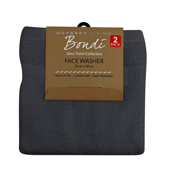 alt="Folded with tag front details of 2 pack coal Face Washer featuring its wonderfully soft velvety texture, softness, and high quality cotton."