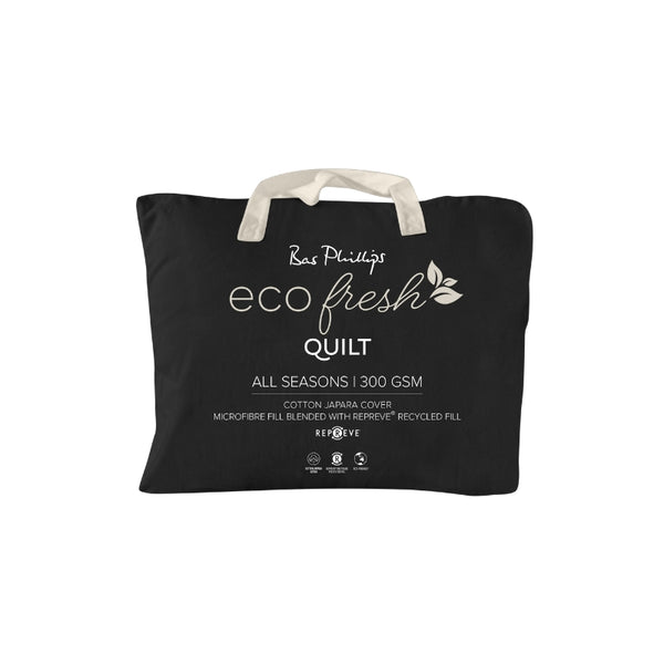 Back packaging details of a minimalist Repreve Ecofresh Quilt that has eco-friendly statement of comfort and sustainability.