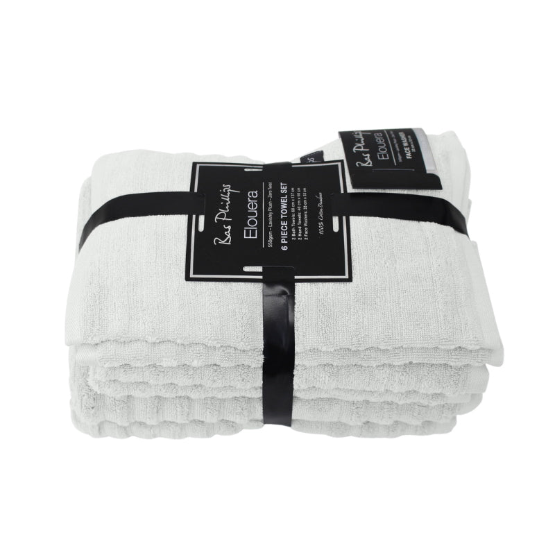 alt="Packaging details of elouera 6 pack towels in silver colour featuring its premium-quality zero twist cotton and ribbed design"