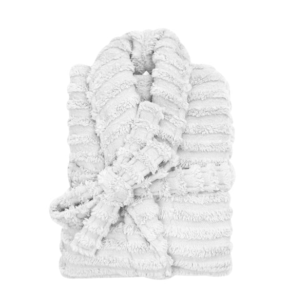 The white Bas Phillips Haven Sherpa Ribbed Bathrobe is a cloud-soft hug that offers ultimate comfort and stylish relaxation.
