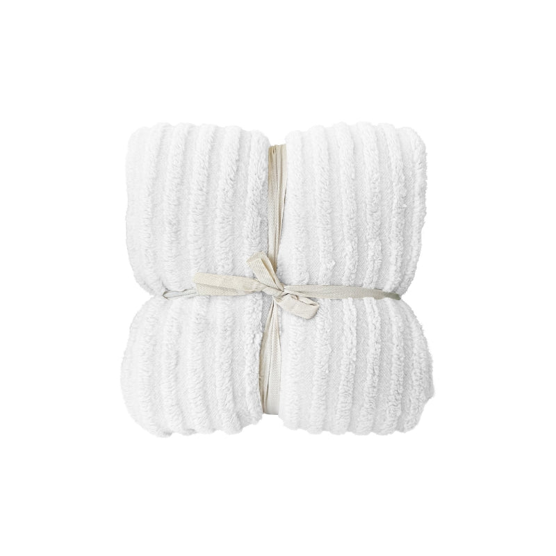 Front packaging details of the white Bas Phillips Haven Sherpa Ribbed Blanket, a warm and cosy addition to your queen-sized bed.