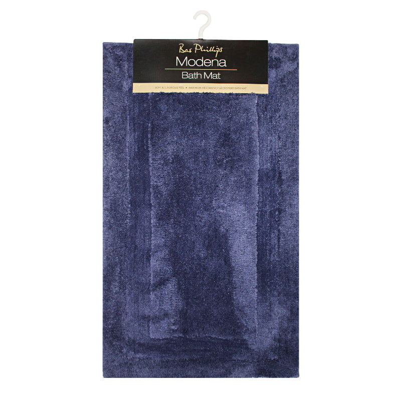 alt="Full details of navy modena microfibre bath mat with a tag featuring its soft intricate design"