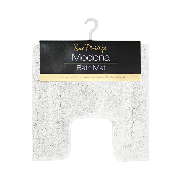 alt="An actual picture of microfibre contour bath mat in white colour hanging on a hook, showcasing its minimalistic design and inviting softness."
