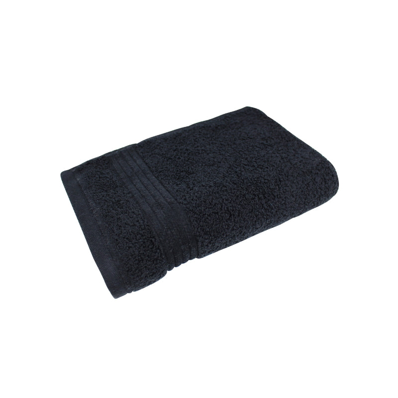 alt="Close-up image of a premium black hand towel, showcasing details and high-quality craftsmanship"