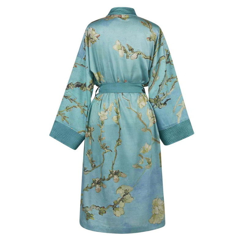alt="Back details of Van Gogh-inspired Almond Blossoms kimono with turquoise-blue background"