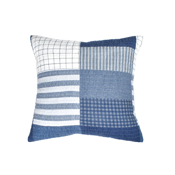 Patchwork blue and white european pillowcase with checkered pattern, showcasing a variety of shades and textures for a dynamic look.
