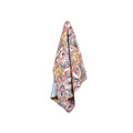 Colourful print throw with vibrant floral and paisley patterns in light blue, pink, red, yellow, and white.