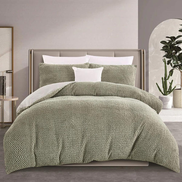 A soft green fabric quilt cover with a faux rabbit fur front and a microfibre reverse, available in soothing pastel tones, perfect to your bedroom.