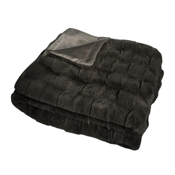 Luxurious black blanket showcasing a chic geometric pattern and faux rabbit fur on the front.