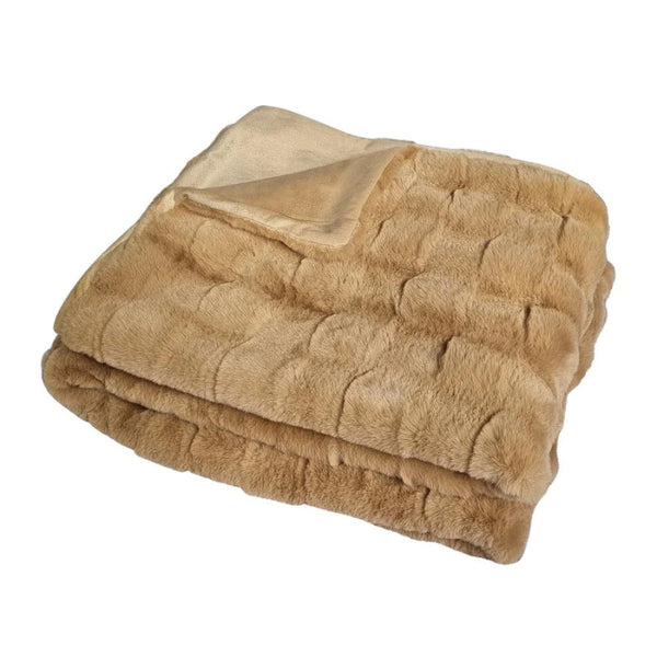 Luxurious brown blanket showcasing a chic geometric pattern and faux rabbit fur on the front.