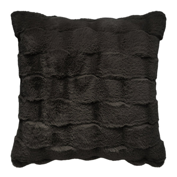 Luxurious faux rabbit fur, a black cushion with a chic geometric pattern, and reversible with ultra-smooth micromink on the back.