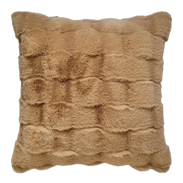 Luxurious faux rabbit fur, a brown cushion with a chic geometric pattern, and reversible with ultra-smooth micromink on the back.