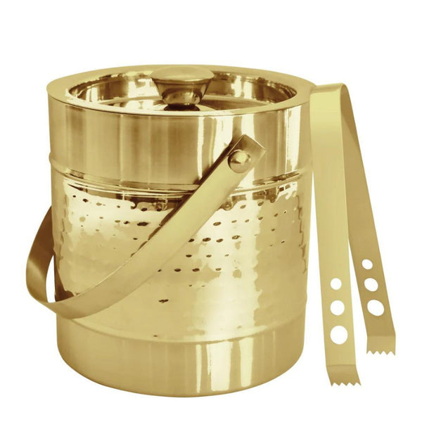 alt="A stylish Alfie gold ice bucket with matching tongs, featuring a textured hammered design.