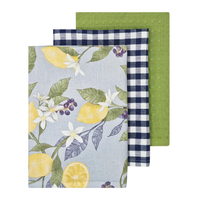 alt="a 3 pieces tea towels with blue check patter, a green one, and a printed one" 
