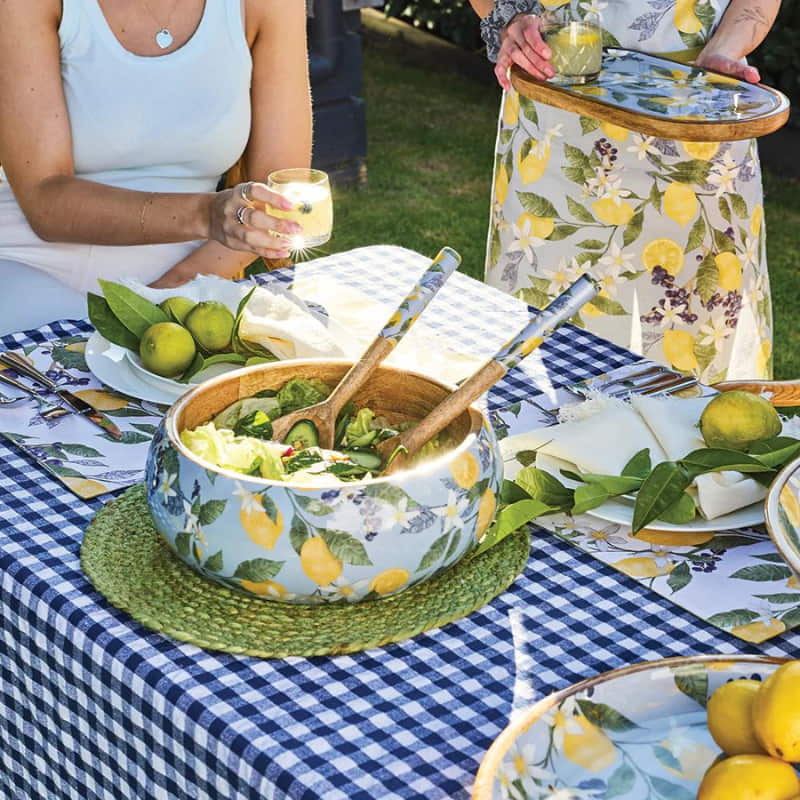 alt="two woman having a lemonade drink at a table covered with a gingham patterned tablecloth with a salad in a lemon printed bowl"