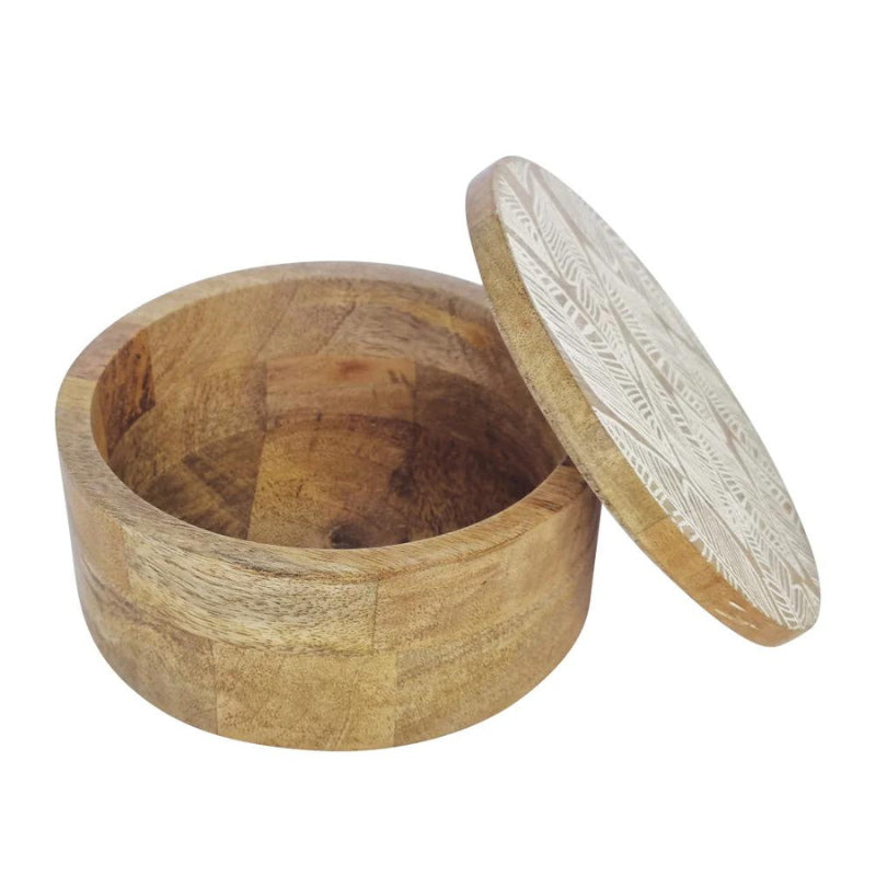 alt="Inside details of natural round trinket box featuring hand-carved with a delicate leaf design"