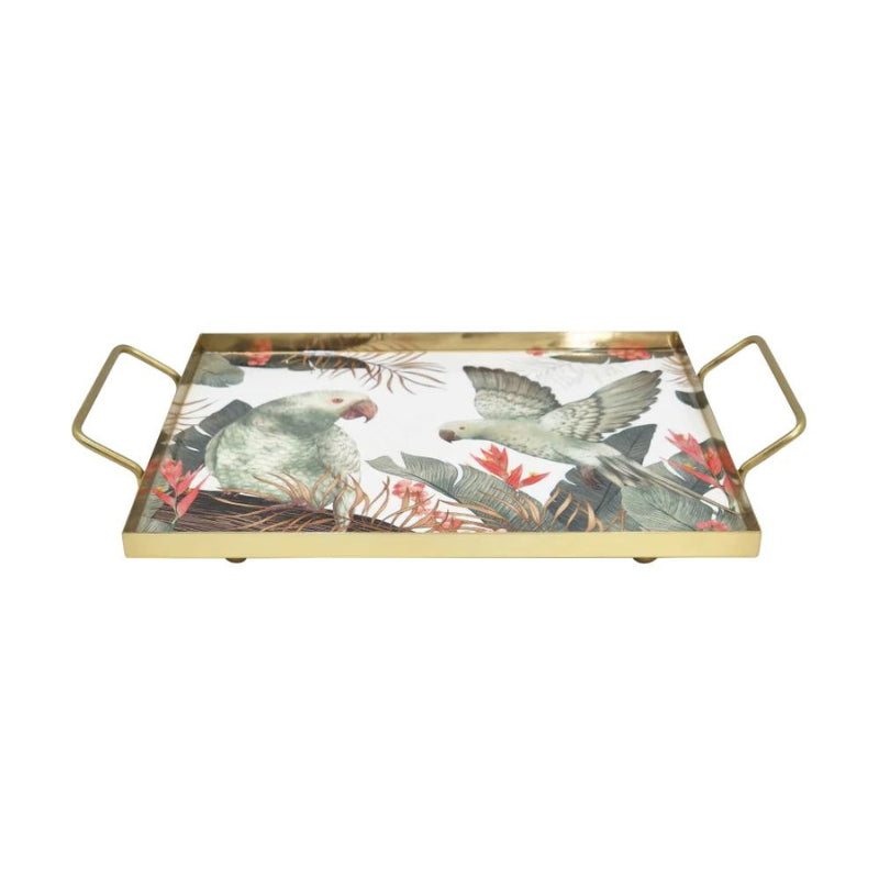 alt="A medium-sized rectangular tropical tray with images of birds and plants laid down."