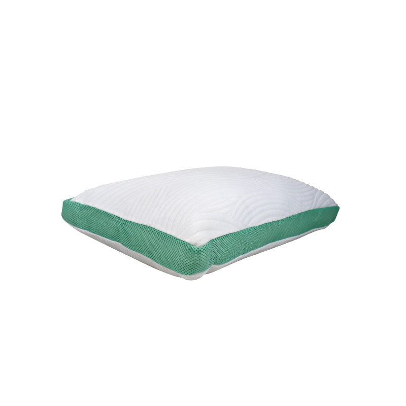 Side details of the Odyssey Living Pillow with aloe vera-infused memory foam strands for promoting sound sleep.