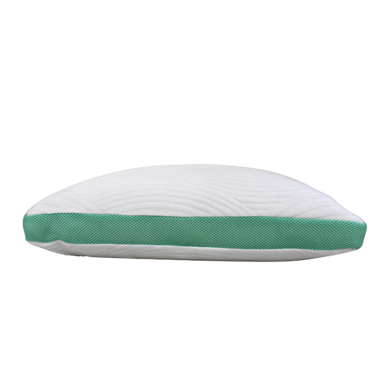 Side details of the Odyssey Living Pillow with aloe vera-infused memory foam strands for promoting sound sleep.