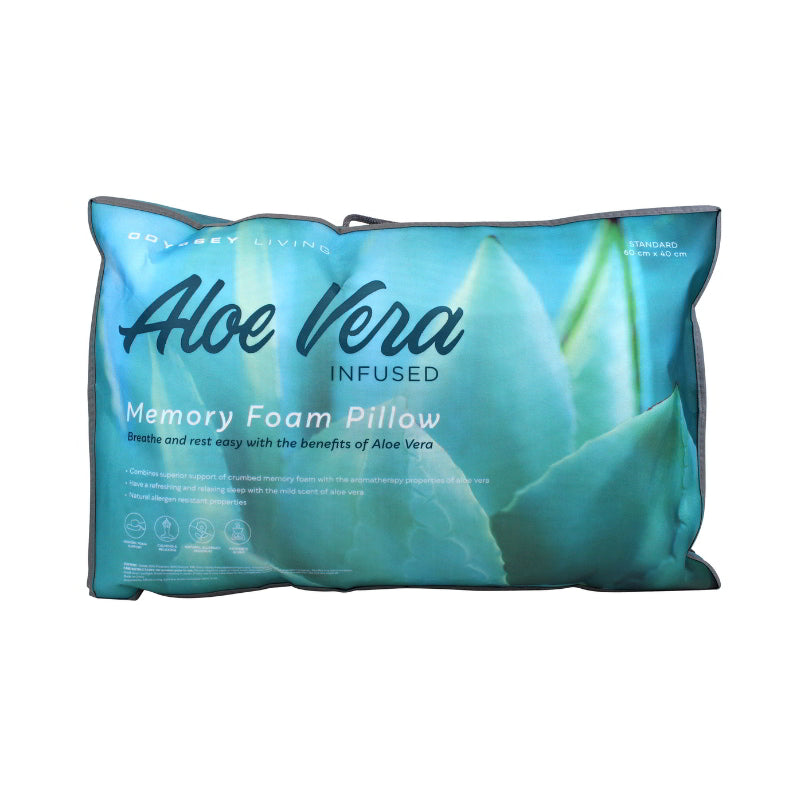 Packaging details of the Odyssey Living Pillow with aloe vera-infused memory foam strands for promoting sound sleep.