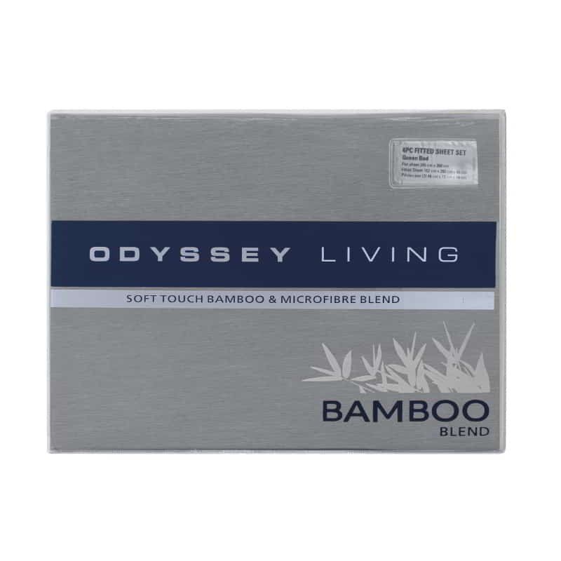 alt="Front packaging details of a luxuriously soft to touch bamboo and microfibre blend sheet set in grey"