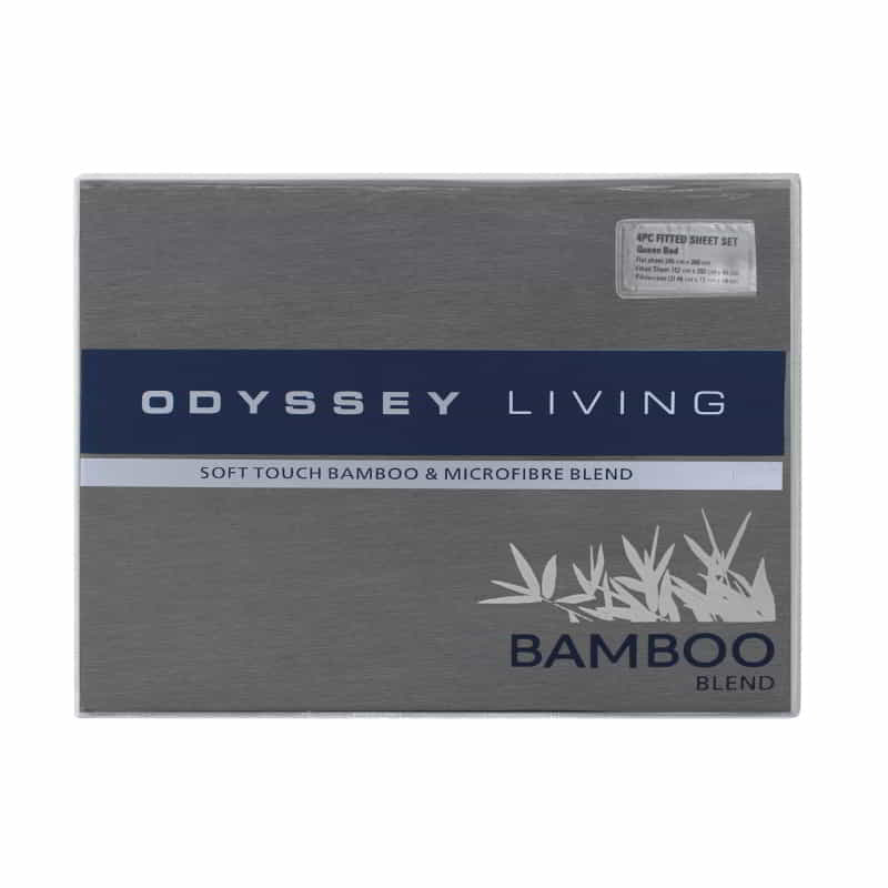 alt="Front packaging details of a luxuriously soft to touch bamboo and microfibre blend sheet set in charcoal"