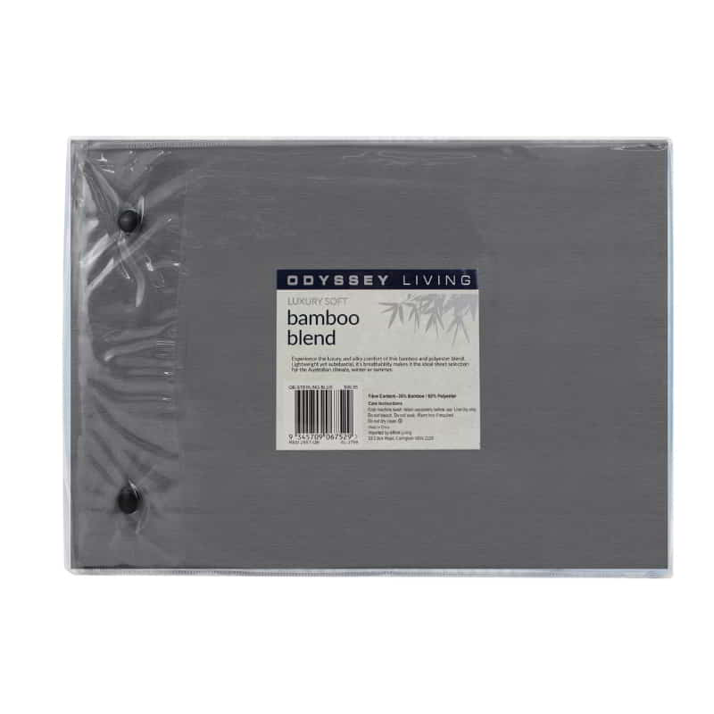 alt="Back packaging details of a luxuriously soft to touch bamboo and microfibre blend sheet set in charcoal"