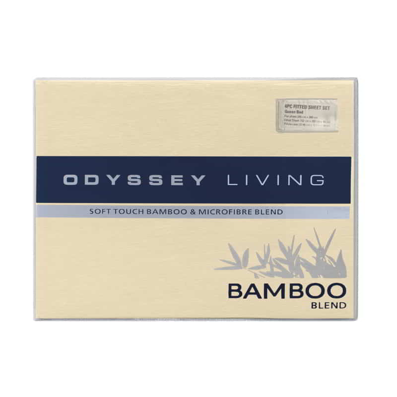 alt="Front packaging details of a luxuriously soft to touch bamboo and microfibre blend sheet set in cream"