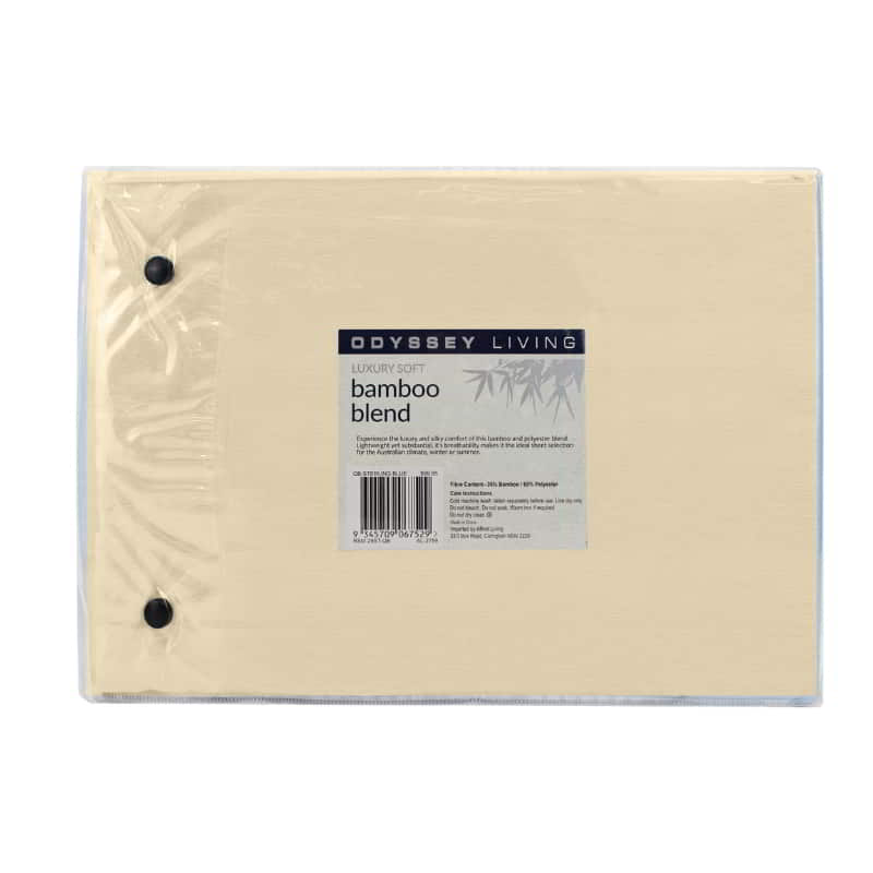 alt="Back packaging details of a luxuriously soft to touch bamboo and microfibre blend sheet set in cream"