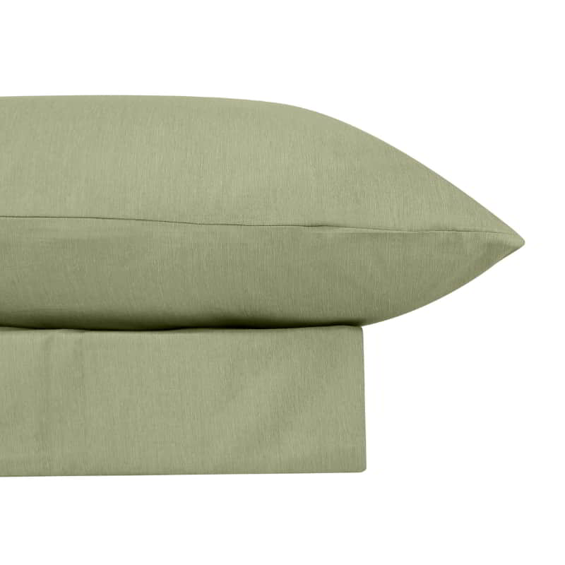 alt="Close-up look of a luxuriously soft to touch bamboo and microfibre blend sheet set in olive green"