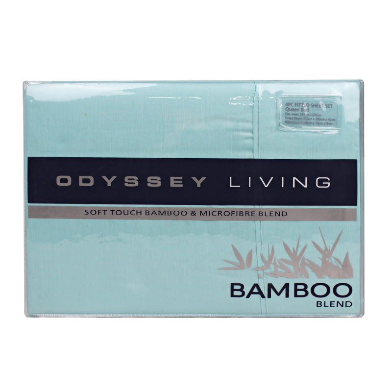 alt="Front packaging details of a luxuriously soft to touch bamboo and microfibre blend sheet set in light aqua"