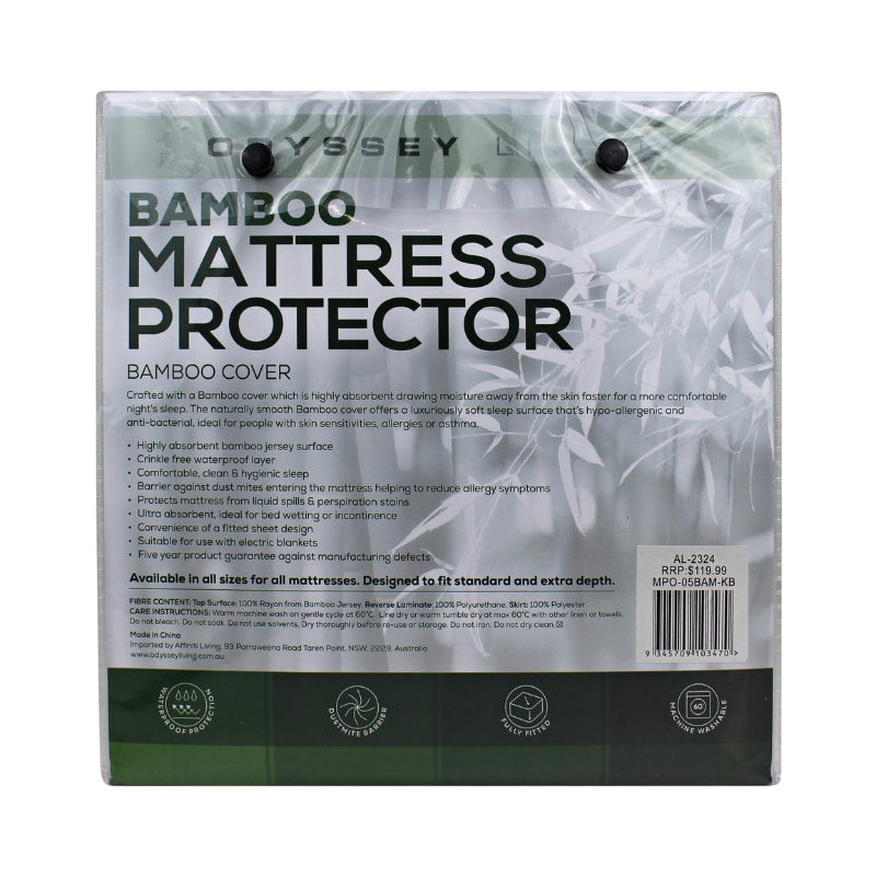 alt="Back details of the packaging of white bamboo mattress protector featuring its greeny and white packaging design" 